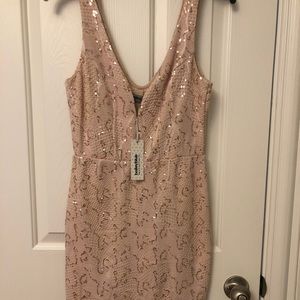 Fitted light pink/cream with gold sequin dress